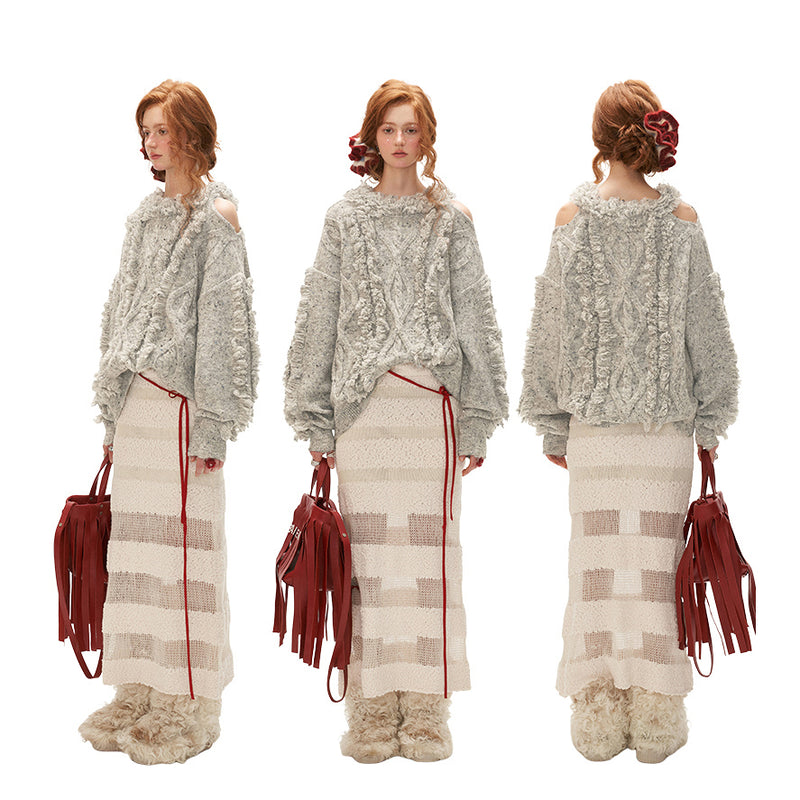 Loose Knitted Sweater with Cable Fringe