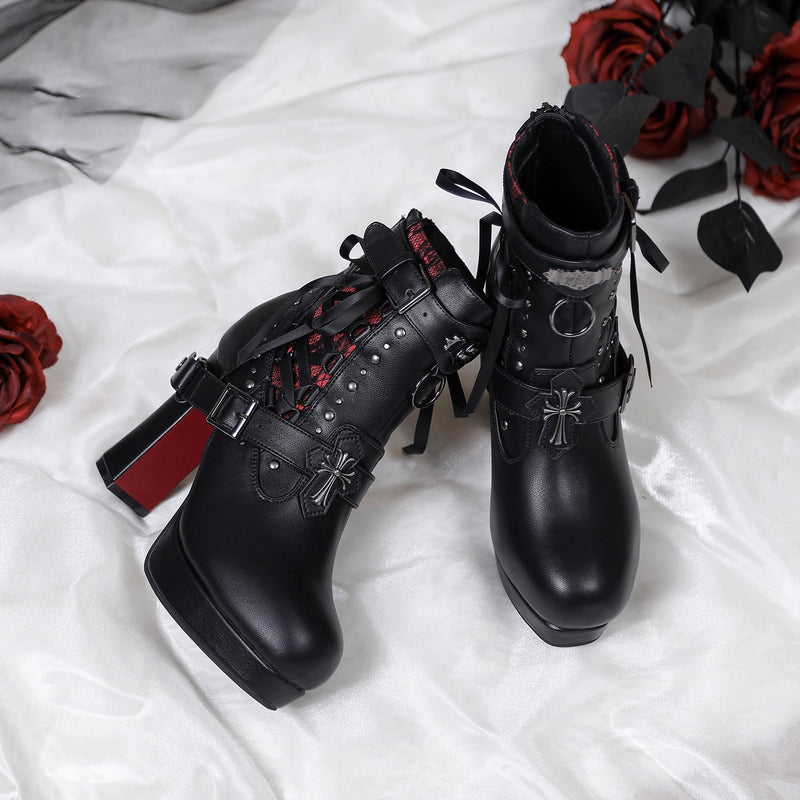 Gothic Lace Ribbon High Heel Boots