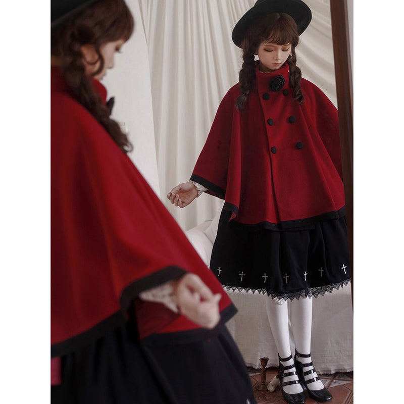 物語のお嬢様のケープコートとリボンフード - Wine Red[2025年12月上旬-2026年1月上旬発送予定]