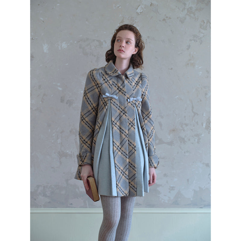 Gray and Yellow Plaid Pleated Coat