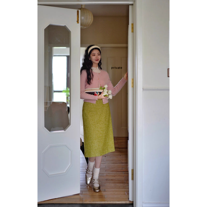 黄緑の若葉色ウールハーフスカート