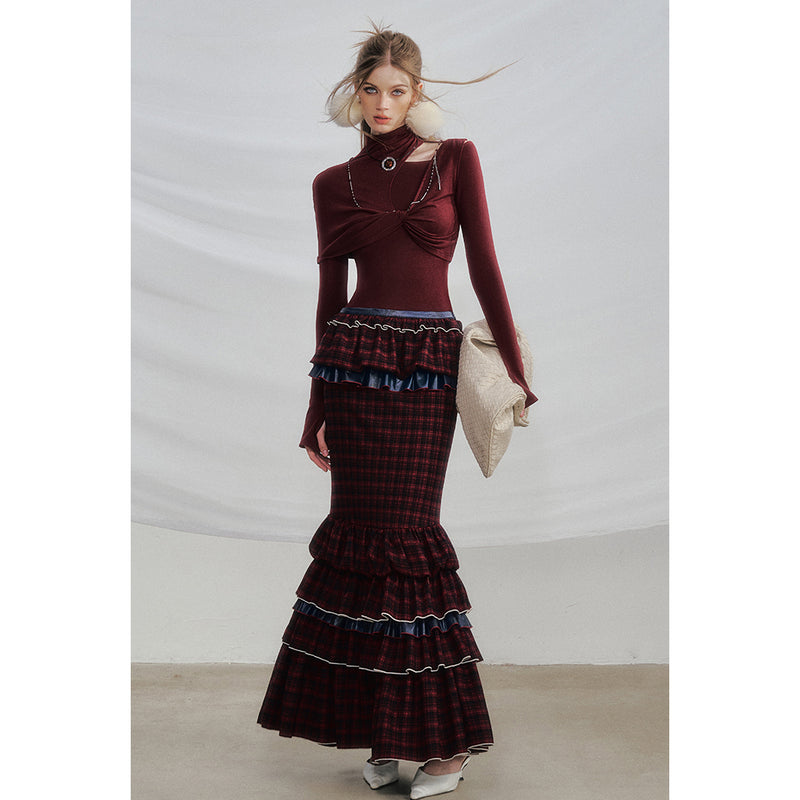 Wine Red Docking Plaid Tiered Skirt