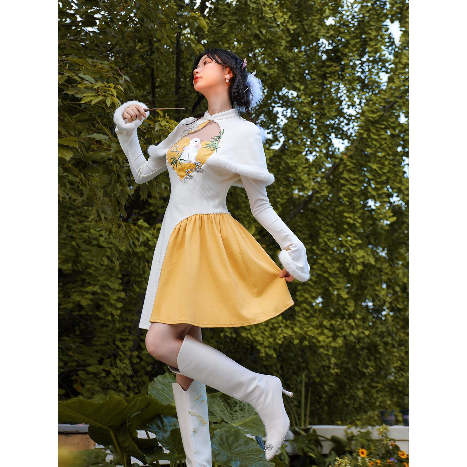 moi jun mikami リネンチャイナローブ　コート　ワンピース お月見うさぎの刺繍チャイナワンピース – ManusMachina