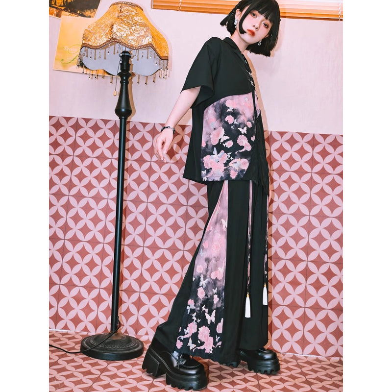 暗夜の花と蝶々のワイドパンツ