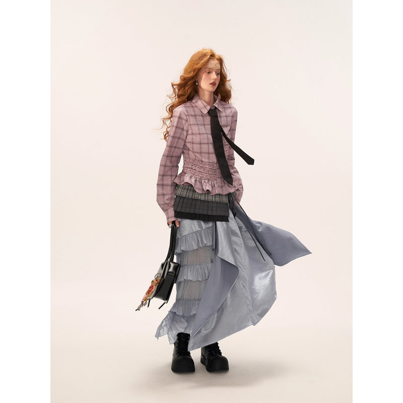 Gray-pink Checkered Ruffle Blouse