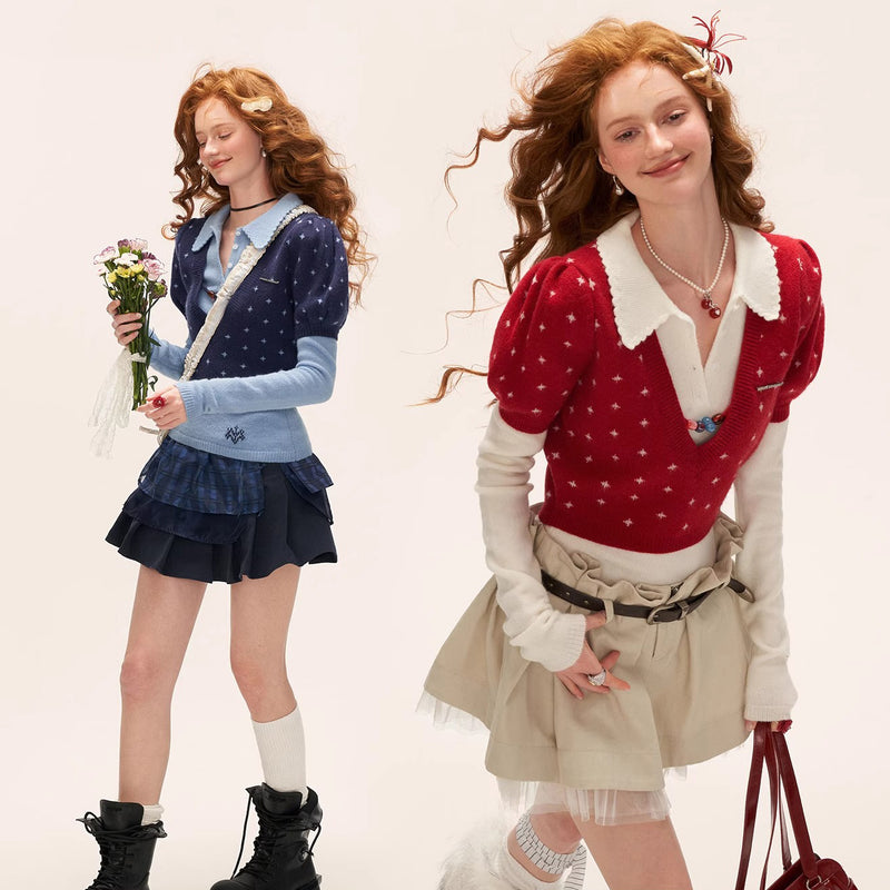 Star Pattern Knit Top and Knit Polo Top