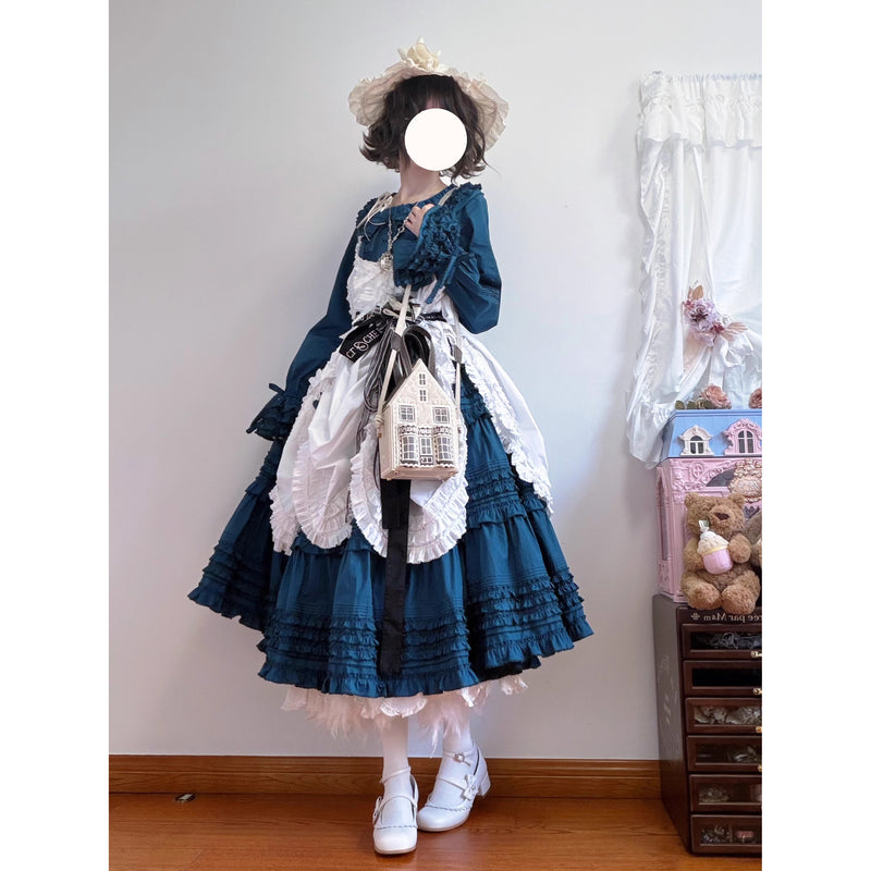 孔雀青のお嬢様のフリルトップスとティアードスカートとホワイトエプロン