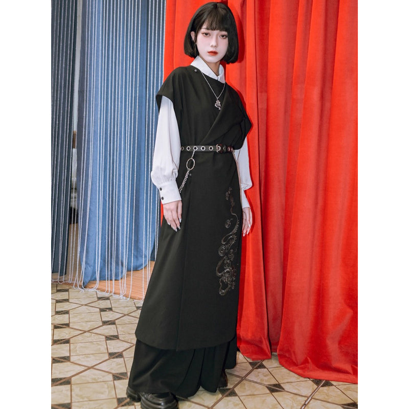 漆黒の龍の刺繍ロングジレワンピース
