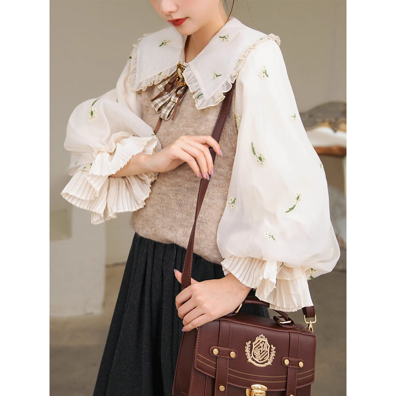 宮廷の花の刺繍ヴィクトリアンブラウスとニットベスト