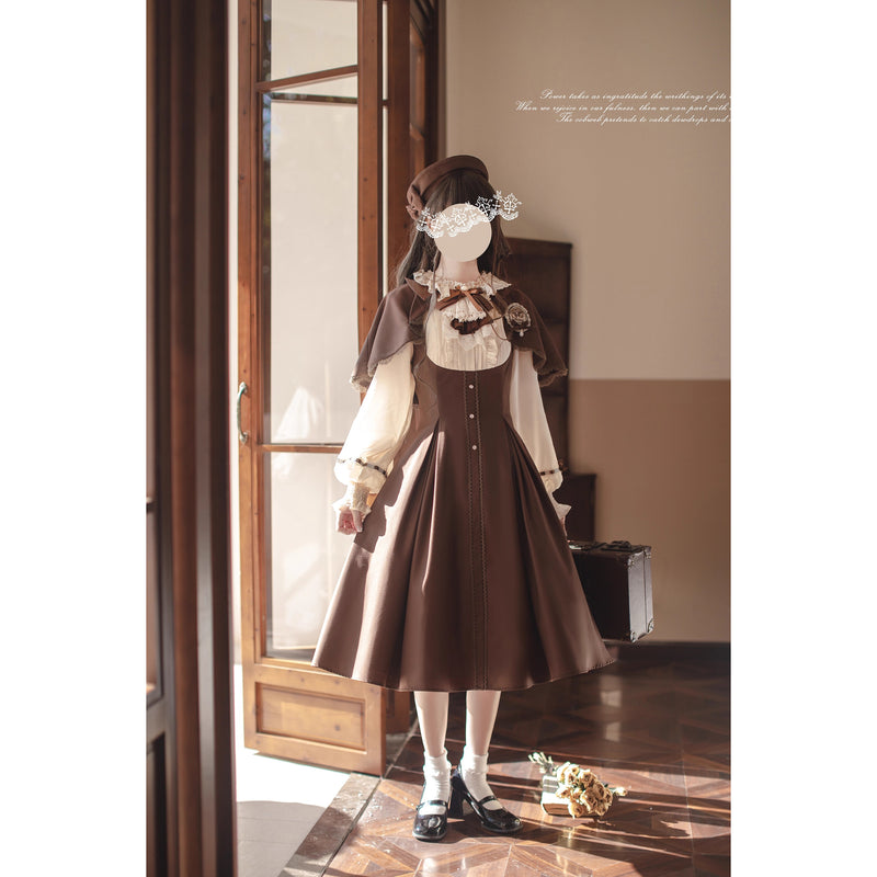 英国令嬢のクラシカルドッキングワンピースとケープ - Brown
