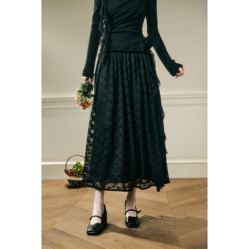 Rose Patterned Lace Top and Long Skirt - Black