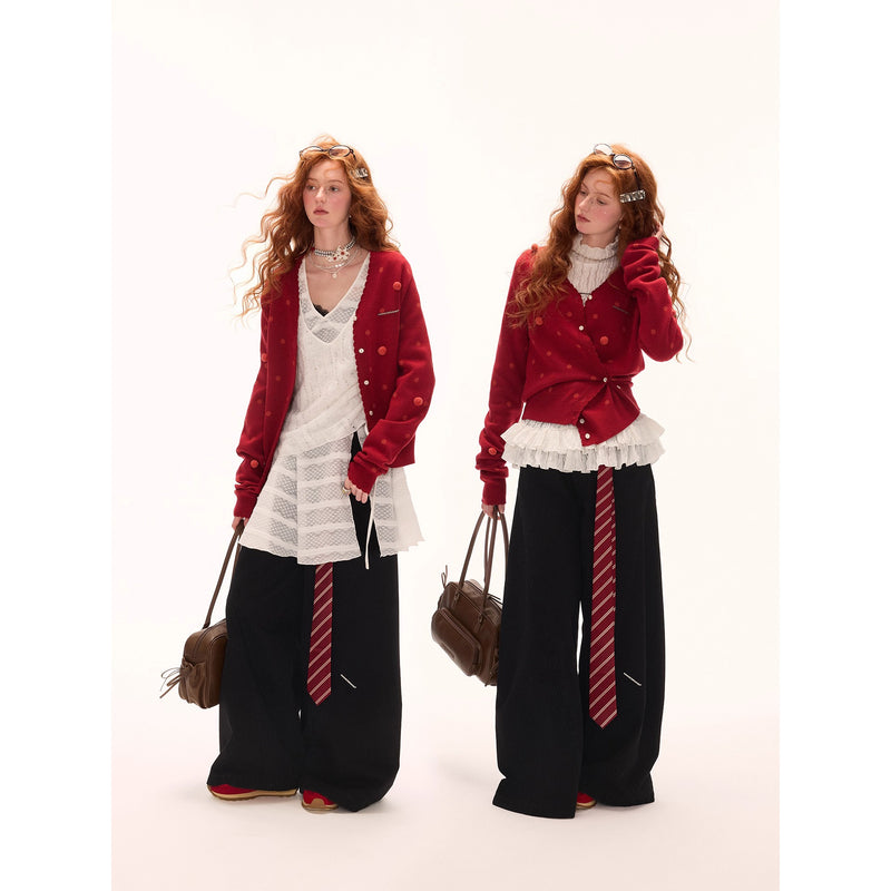Asymmetrical Polka Dot Knit Cardigan