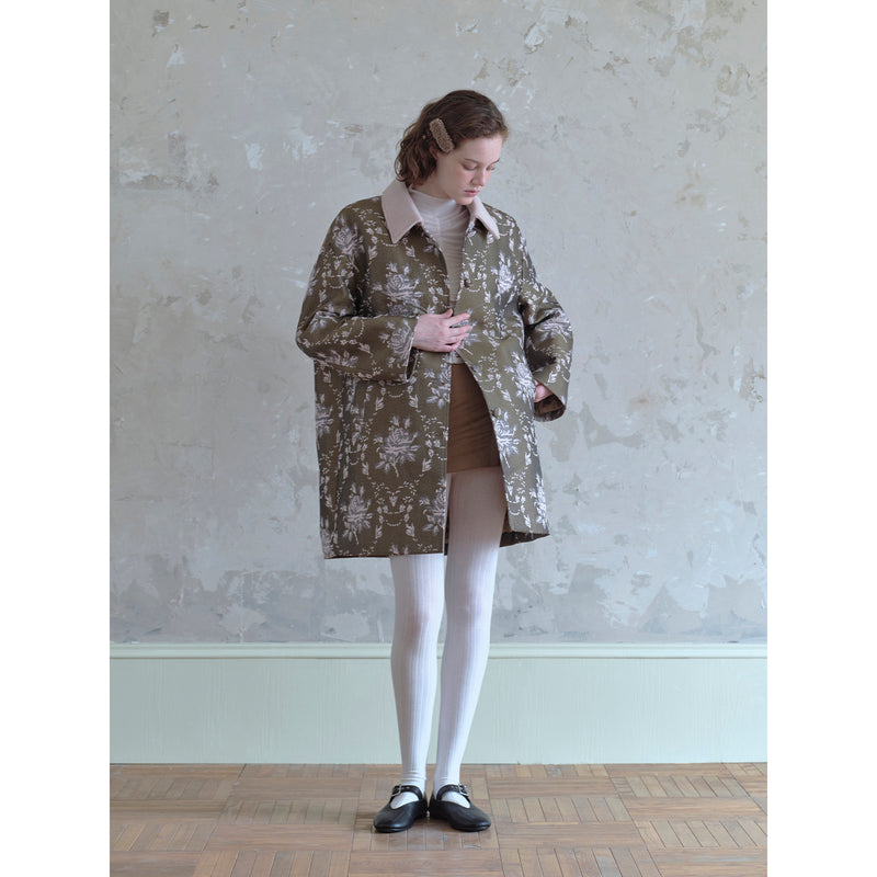 Olive Brown Coat with Pink Floral Pattern