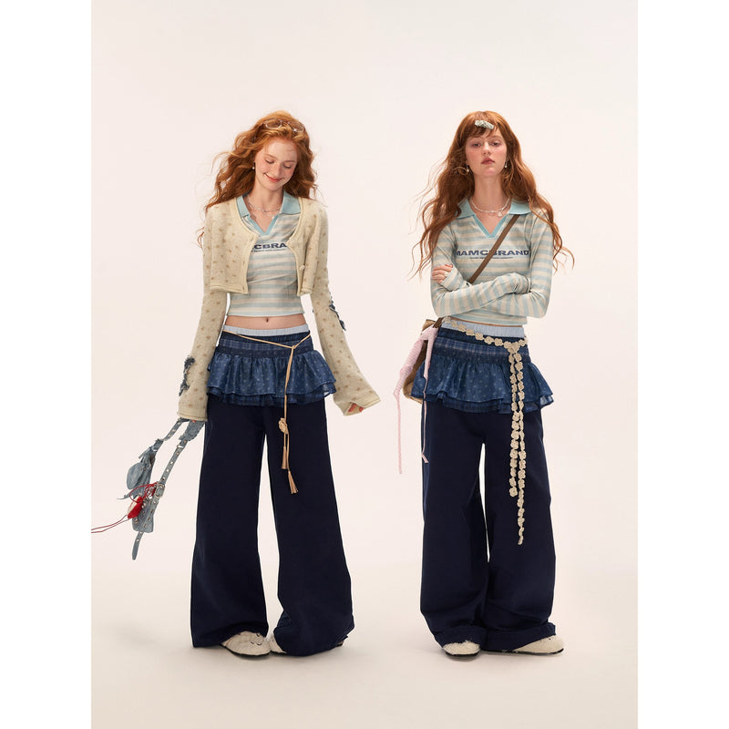 Star Pattern Ruffle Waist Wide Pants