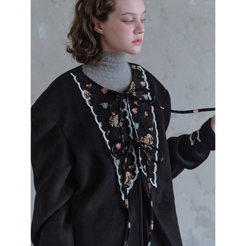 Black Coat with Floral Embroidery