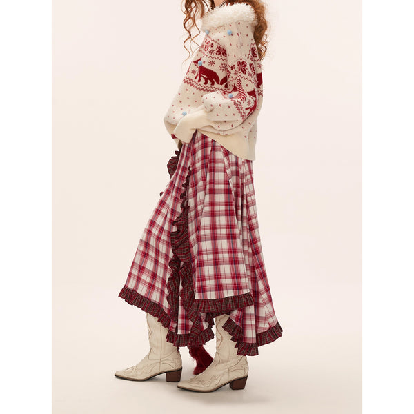 Asymmetrical Ruffled Checkered Skirt