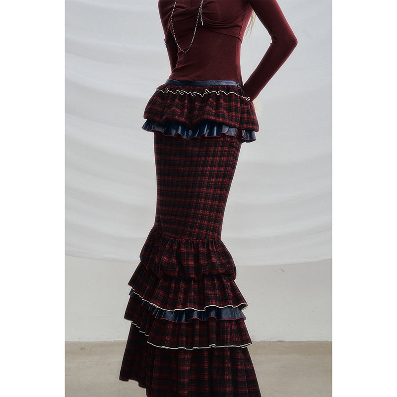 Wine Red Docking Plaid Tiered Skirt