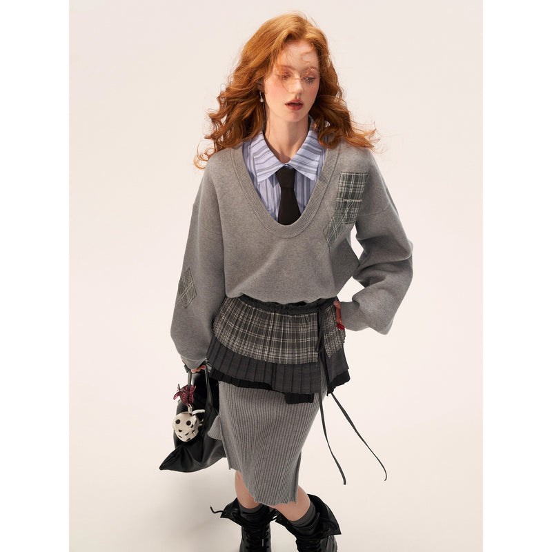 Pleated Check Apron Skirt
