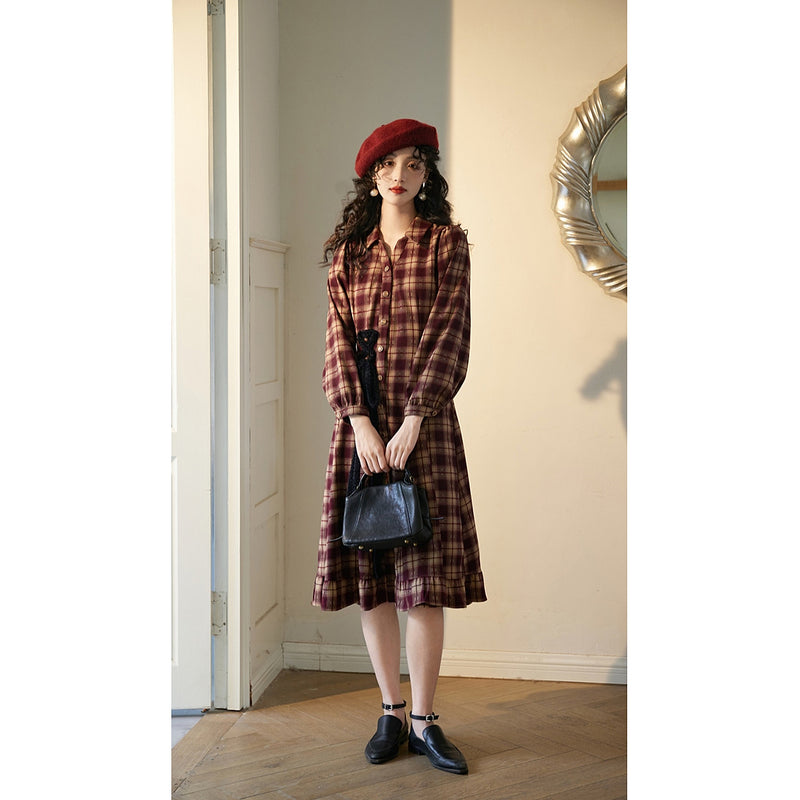 Reddish Bronze Plaid Retro Dress