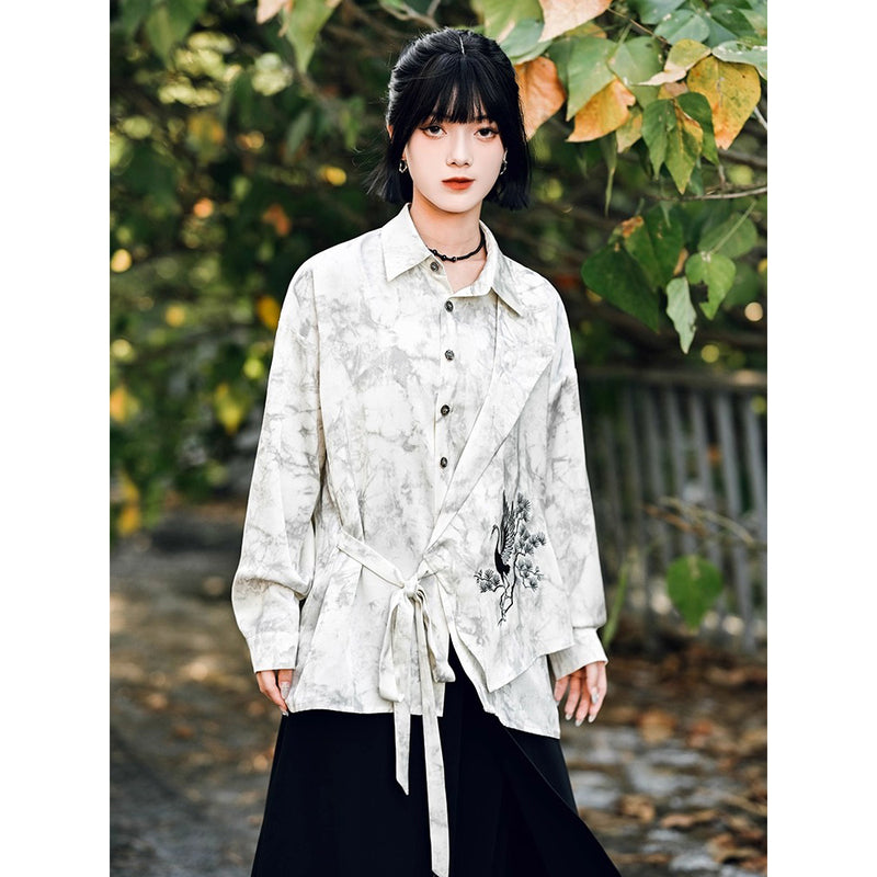 梢に留まる鶴の刺繍ブラウス - Ivory