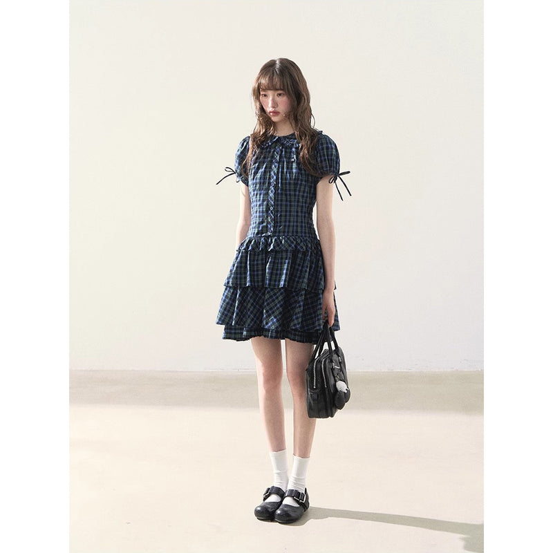 Blue and Green Checkered Tiered Dress