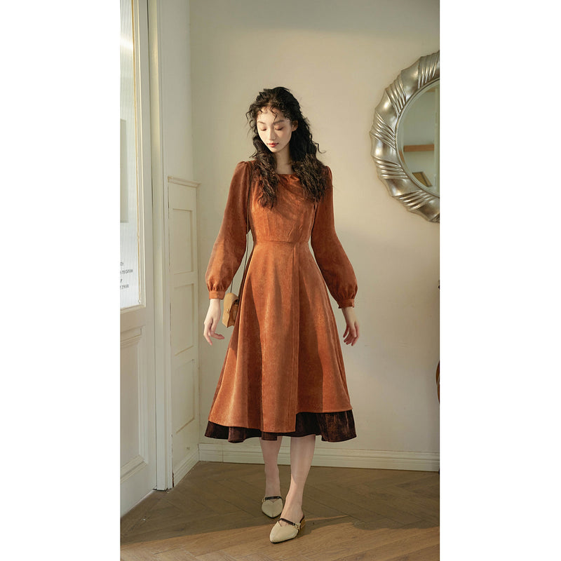 Orange Brown Corduroy Retro Dress