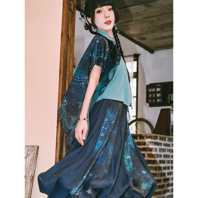 深藍の海月のシフォンブラウス