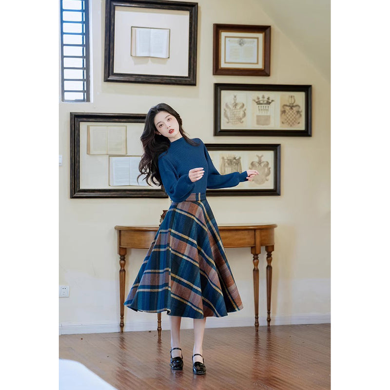 Blue-Brown Checkered Retro Skirt and Blue Knit Sweater