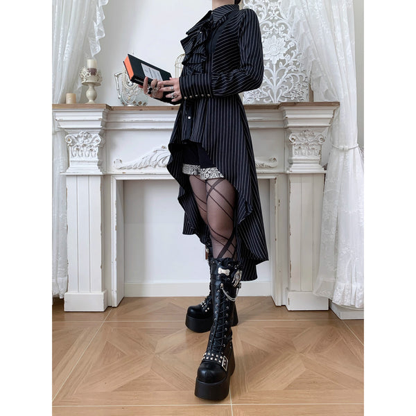中世貴族のヴィクトリアンテールブラウス - Black Pin Stripe[2025年12月上旬-12月下旬発送予定]