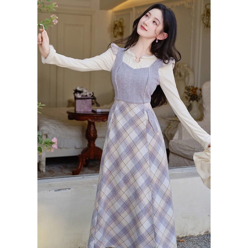 Light Purple Plaid Jumper Skirt and Knit Top