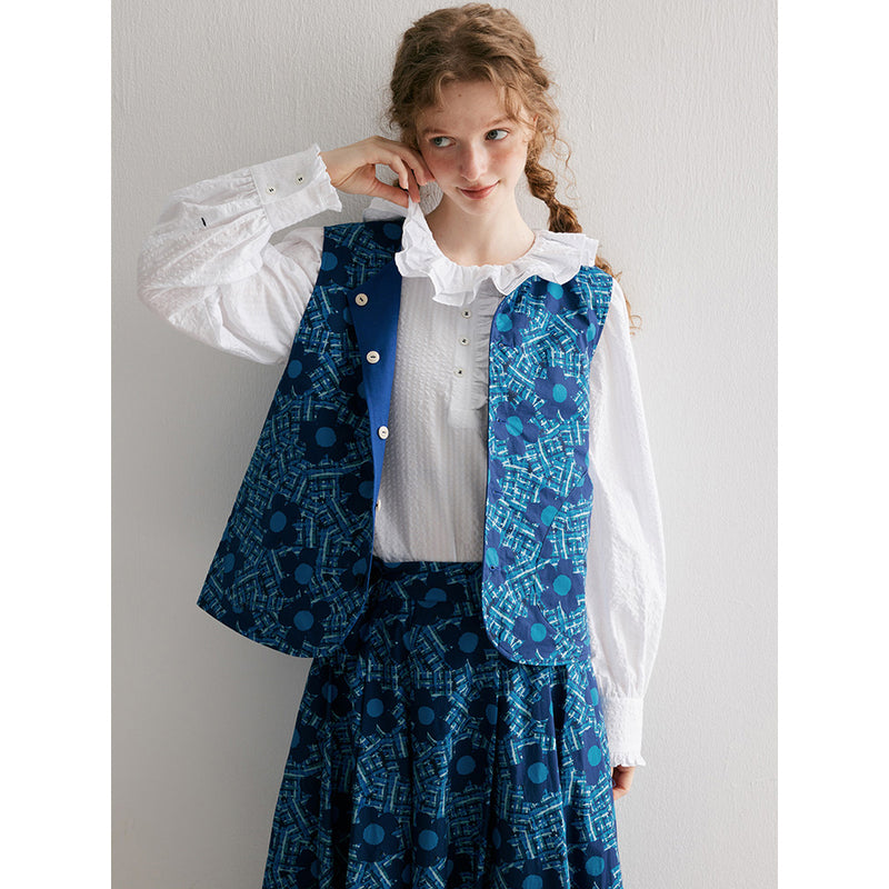 Blue Floral Patterned Vest and Skirt