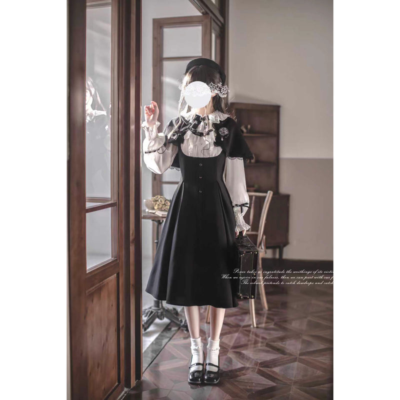 英国令嬢のクラシカルドッキングワンピースとケープ - Black