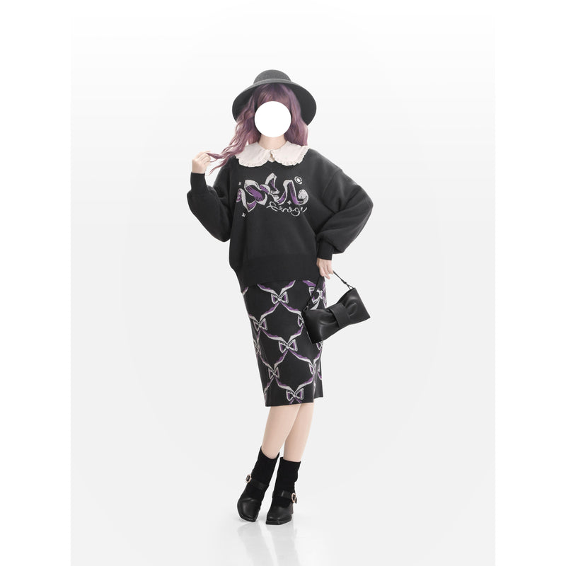 Black and Purple Sweater and Skirt with a Ribbon Pattern[2025年2月下旬-3月中旬発送予定]