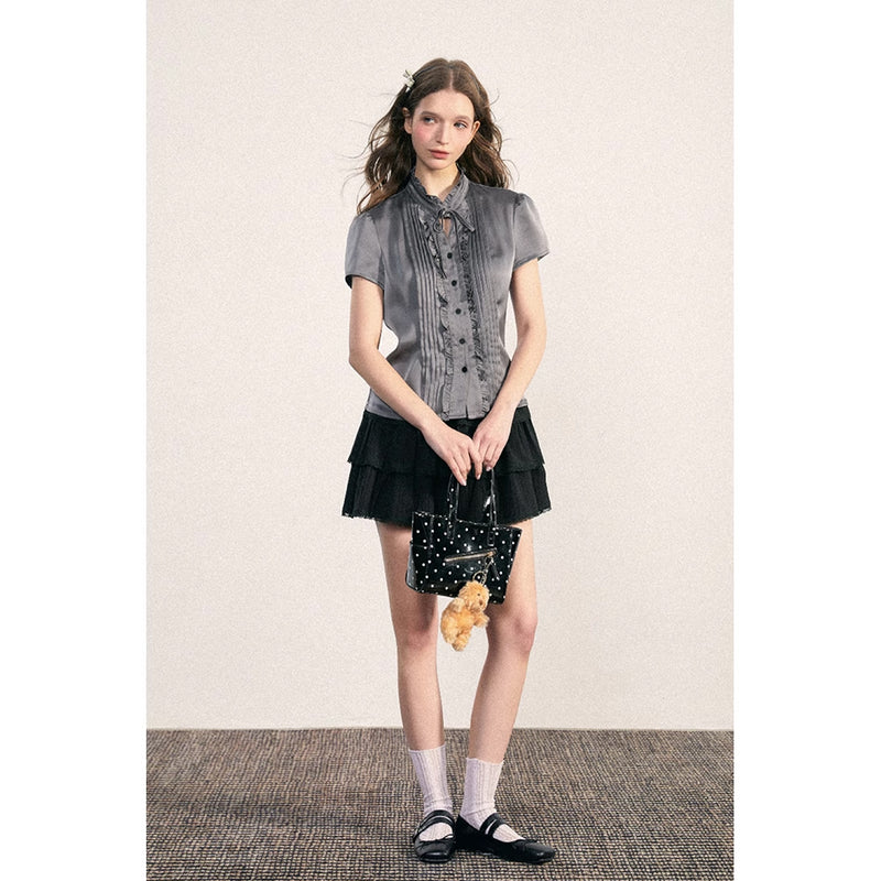 Gray Frill Pleated Blouse