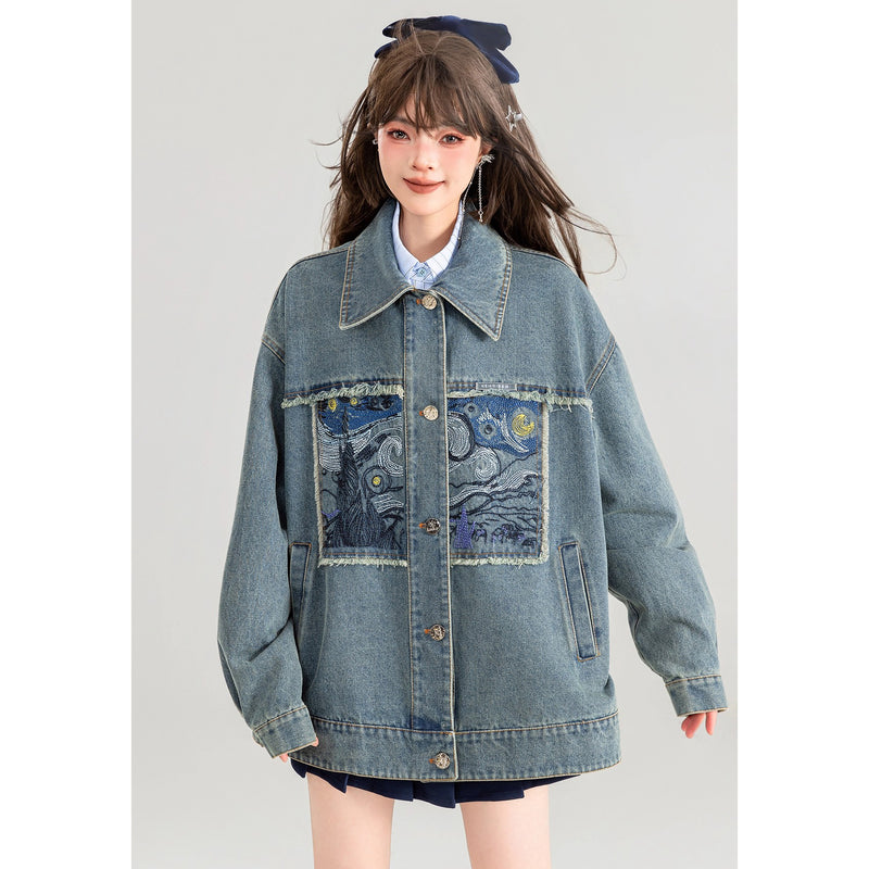 星月夜の刺繍デニムジャケット