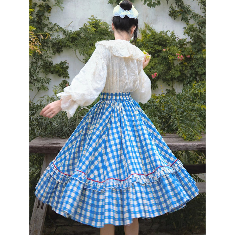 紺碧と花柄の格子柄レトロスカート