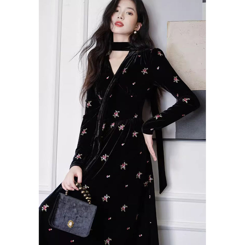 Black Floral Embroidered Velvet Dress