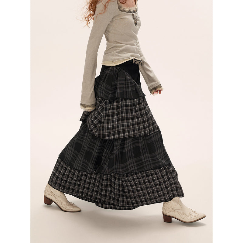 Asymmetrical Checkered Layered Skirt