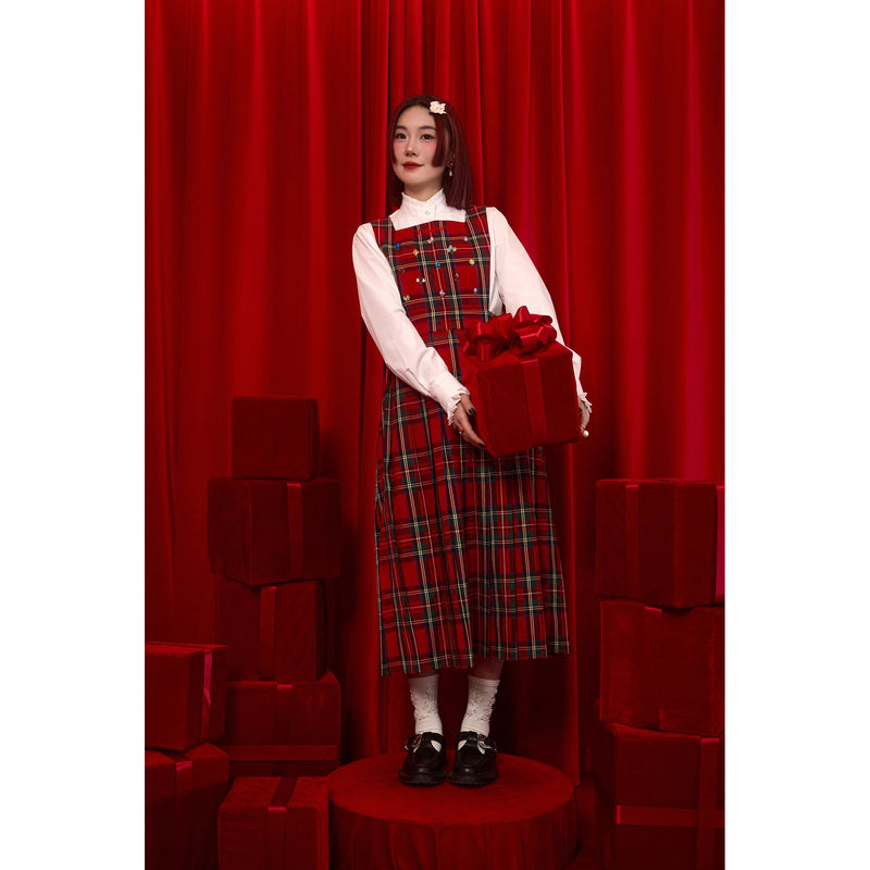 花束刺繍の格子柄ジャンパースカート