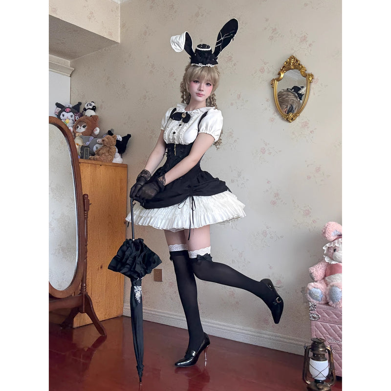 うさぎのお嬢様のコルセットジャンパースカートとフリルブラウス - Black[2026年2月上旬-3月上旬発送予定]