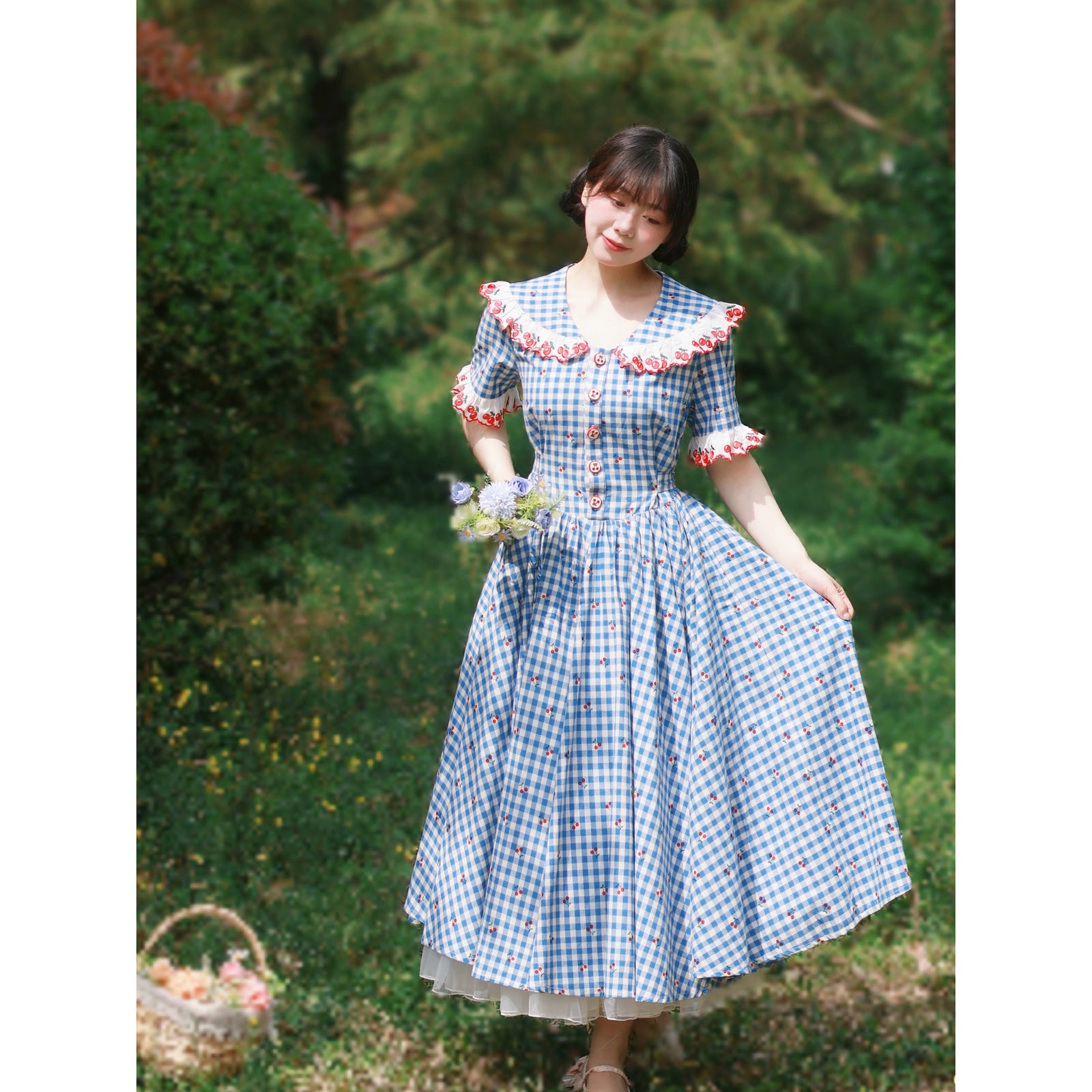 青藍格子柄とさくらんぼのレトロワンピース – ManusMachina