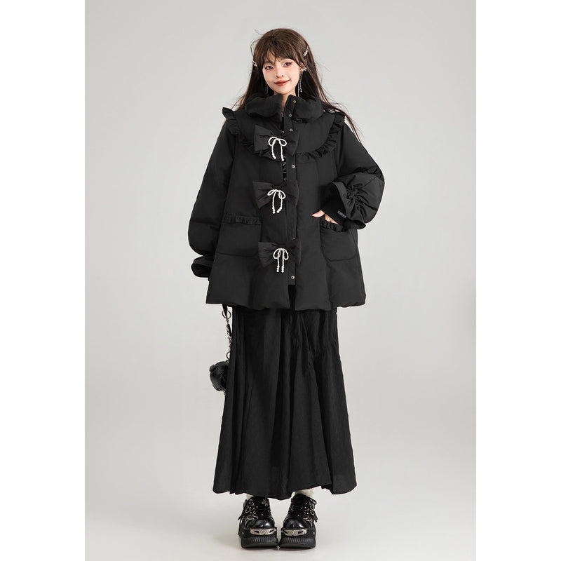 黒のお嬢様のリボンダウンジャケット