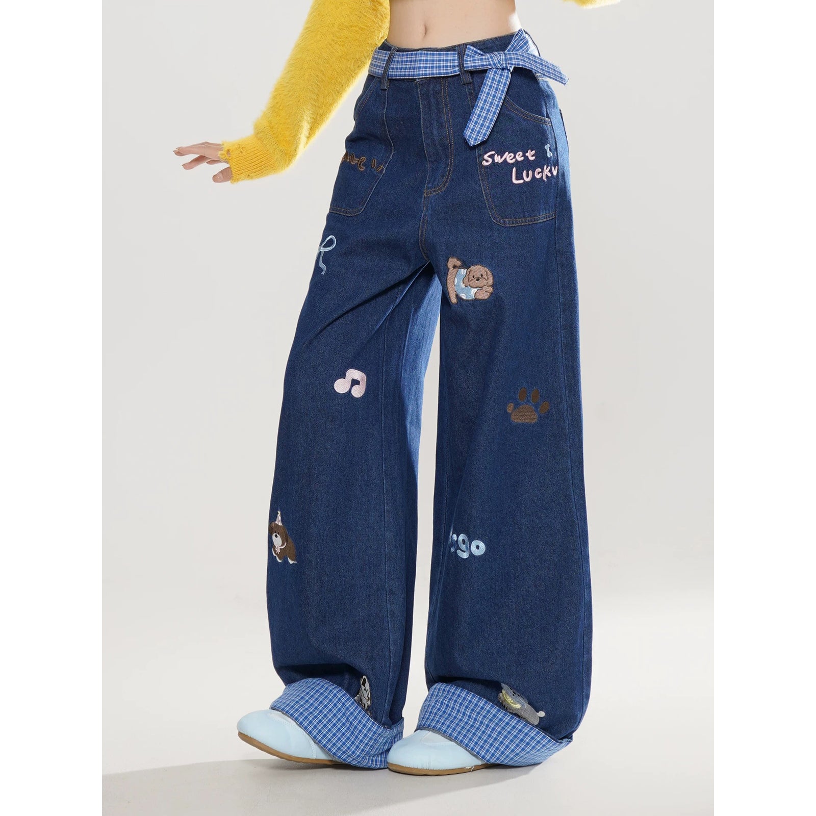 Puppy Embroidered Checkered Denim Pants – ManusMachina
