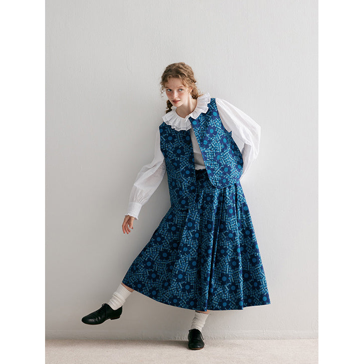 Blue Floral Patterned Vest and Skirt