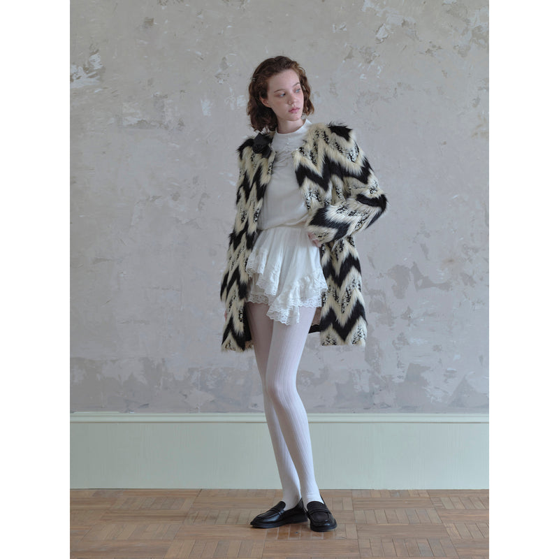 Geometric Pattern and Leather Fur Coat