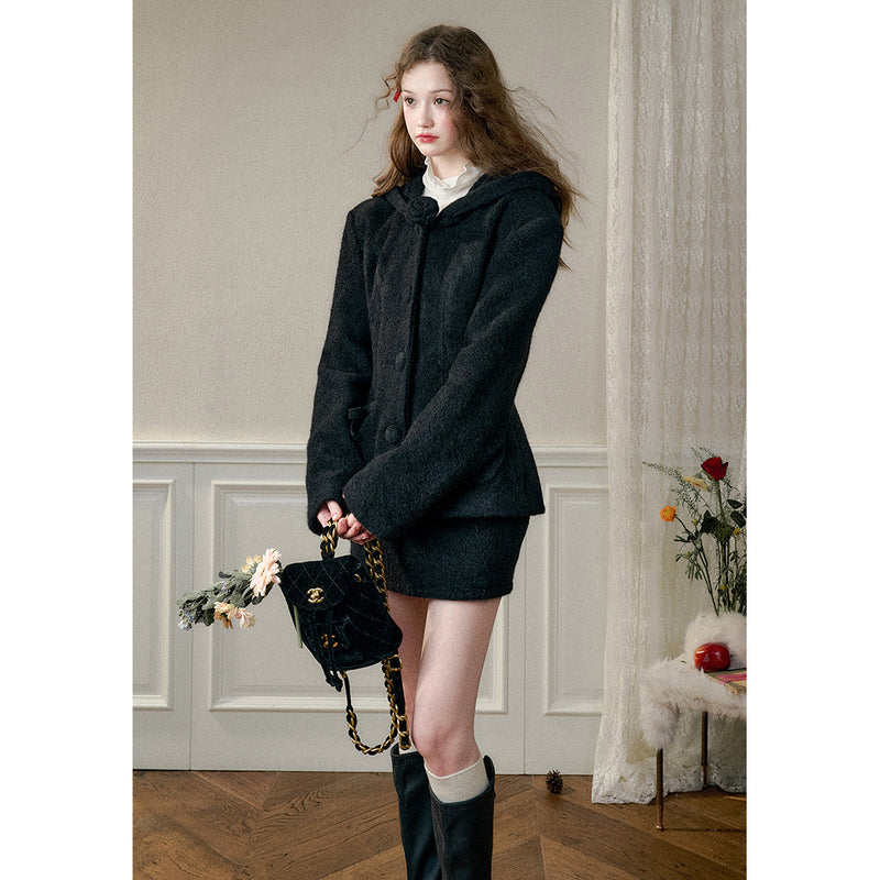 Black Hooded Jacket and Short Skirt