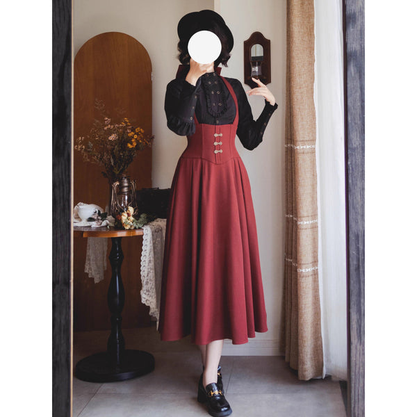 英国のお嬢様のスタンドカラーブラウス - Black