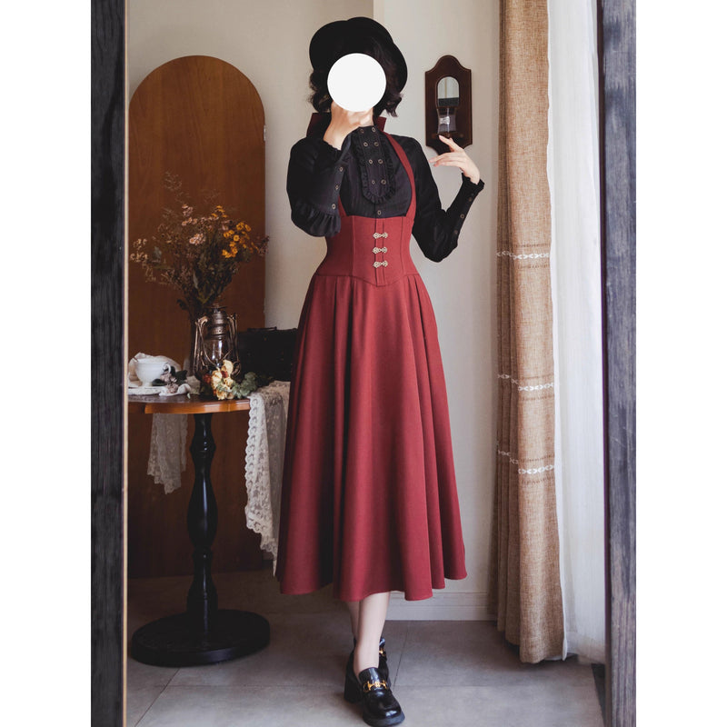 英国のお嬢様のスタンドカラーブラウス - Black