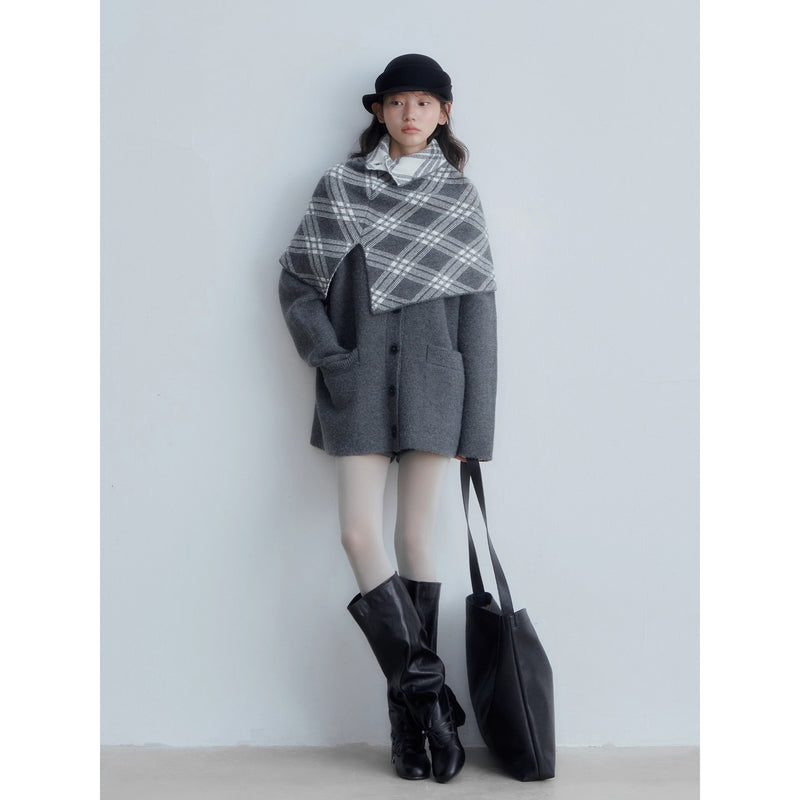 Checkered Cape and Grey Knit Cardigan