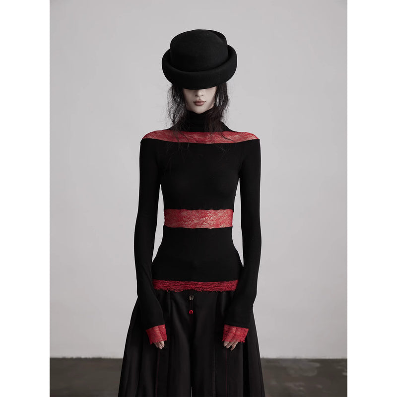 Black Red Turtleneck Knit Top